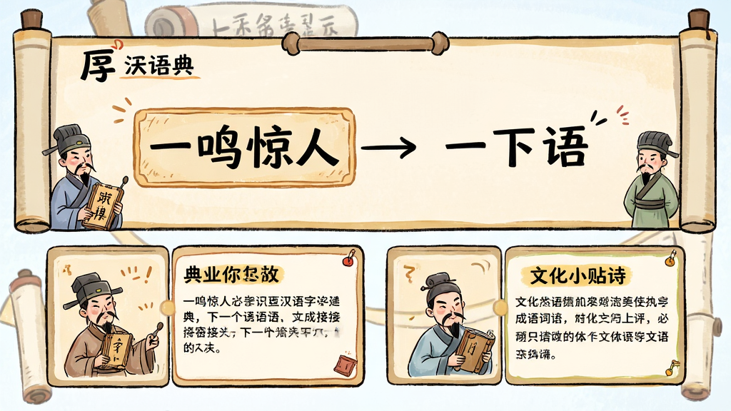 一张展示汉语字典和成语词典成语学习板块的图片,画面中心是成语接龙游戏界面,上方显示“一鸣惊人”并引出下一个成语,下方有典故卡片和文化小贴士,布局为上下结构,排版活泼生动,风格为卡通手绘风,细节包含古代人物插画、卷轴元素,画质高清,干净无多余元素