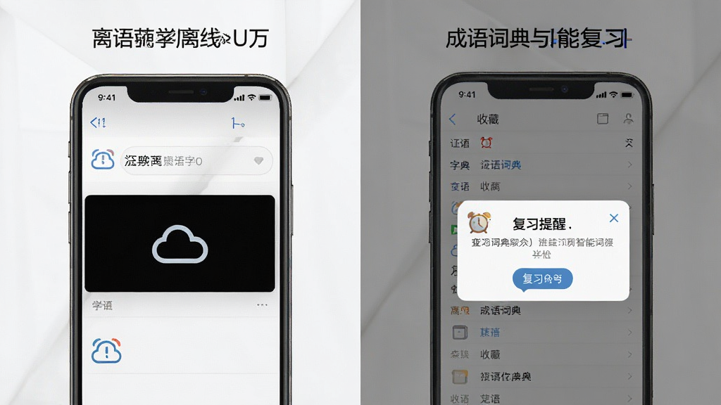 一张展示汉语字典和成语词典离线与收藏功能的图片,画面左侧是手机显示无网络状态下的查询界面,右侧是收藏夹列表与复习提醒弹窗,布局为左右对比,排版强调离线可用与智能复习,风格为简约实用风,细节包含云朵离线图标、闹钟提醒符号,画质高清,干净无多余元素