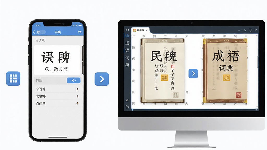 一张展示汉语字典和成语词典在手机与电脑模拟器上同时运行的图片,画面左侧是手机显示查询界面,右侧是电脑模拟器窗口显示同样界面,布局为左右并列,排版强调多设备适配,风格为科技感扁平风,细节包含数据同步图标、设备切换箭头,画质高清,干净无多余元素