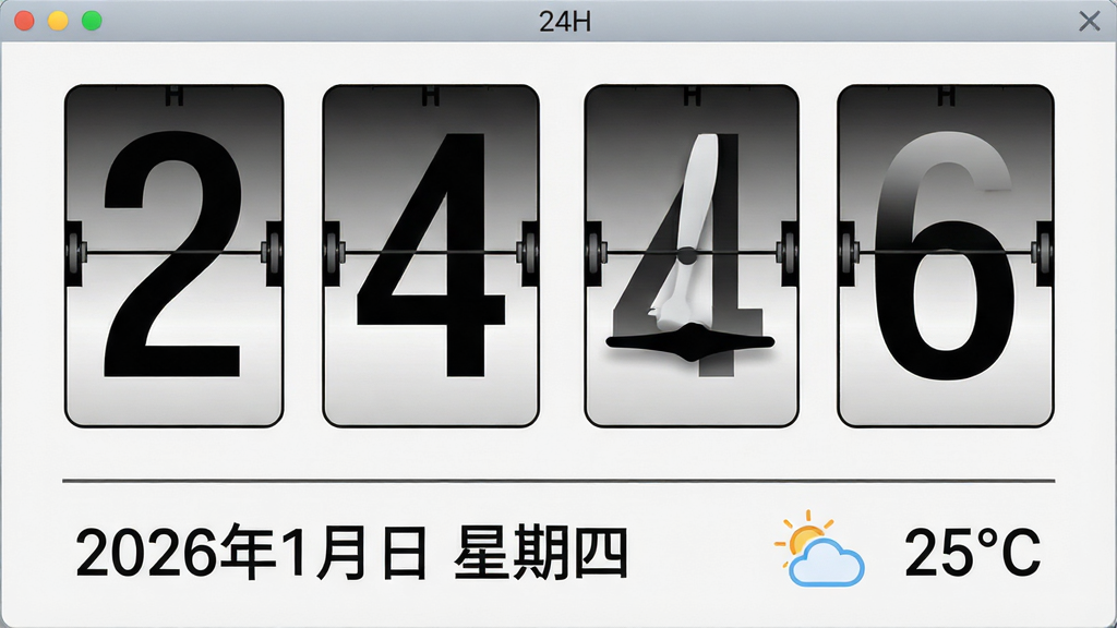 一张展示翻页时钟24H附加功能组件的图片。主体为翻页时钟24H软件界面,时钟数字下方显示日期“2026年1月1日 星期四”、天气图标和温度“25°C”。布局为上下结构,时钟占据主要区域,信息组件位于底部。风格为扁平化UI设计,细节包括图标设计、字体排版、分割线。画质高清,干净,无多余元素。
