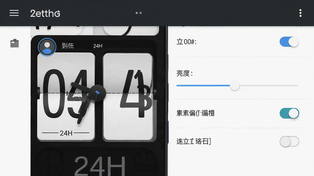一张展示翻页时钟24H设置在安卓手机上的操作界面截图。主体为翻页时钟24H的设置菜单界面,包含主题选择、亮度调节、像素偏移开关等选项。布局为手机屏幕截图样式,背景为深色。风格为UI截图展示,细节包括设置图标、开关按钮、文字说明。画质高清,干净,无多余元素。
