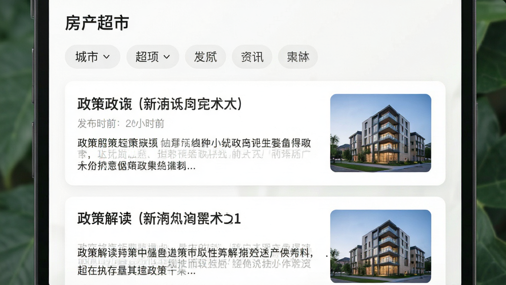 主体为房产超市APP的资讯政策页面,布局为列表式排版,上方为城市名称与分类标签,下方为政策解读文章卡片;风格为简约新闻风,细节包括标题、发布时间、摘要文字与缩略图,画质高清,干净整洁,无多余元素