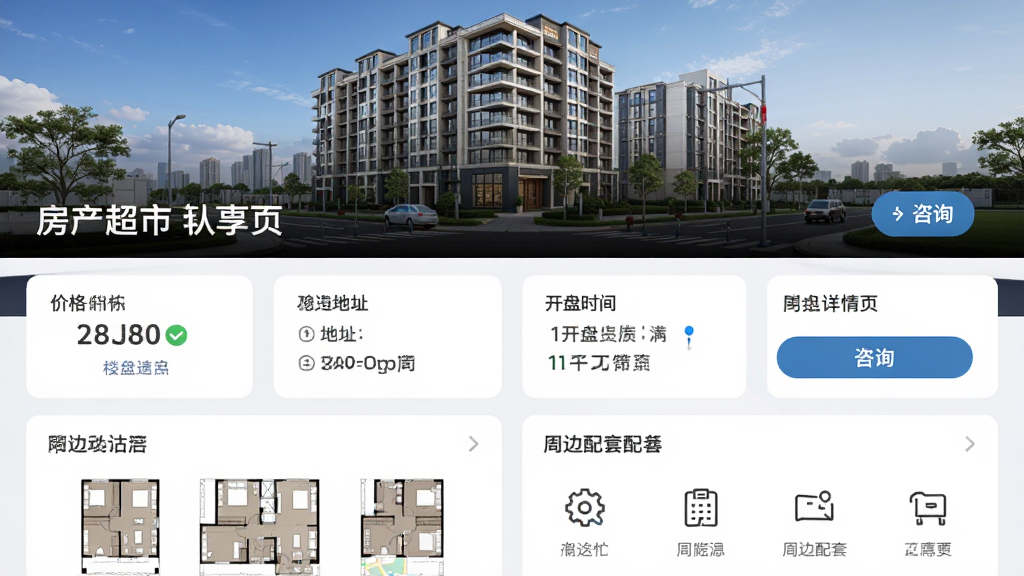 主体为房产超市APP的楼盘详情页界面,布局为上下结构,上方为楼盘实景图与名称,中部为价格、地址、开盘时间等信息卡片,下方为户型图与周边配套图标;排版整齐,风格为清爽商务风,细节包括数据标签、地图缩略图与咨询按钮,画质高清,干净无多余元素
