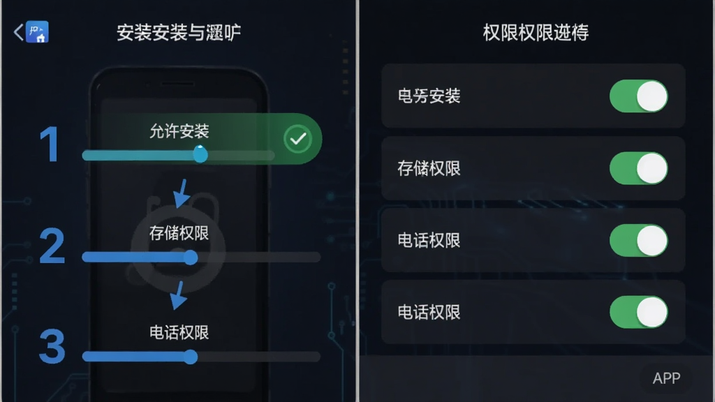 主体为房产超市APP在手机上的安装与权限设置界面,布局为分步展示,左侧为安装进度,右侧为权限开关列表;风格为科技教程风,细节包括“允许安装”“存储权限”“电话权限”等文字标签,画质高清,画面干净,无多余元素