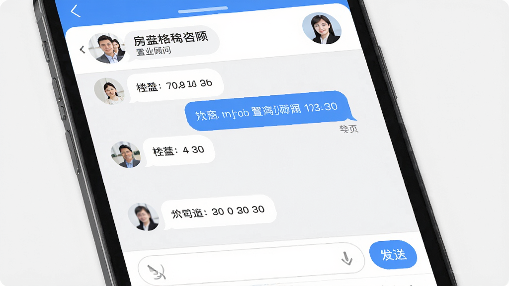 主体为房产超市APP的在线咨询界面,布局为对话框形式,上方为楼盘名称与置业顾问头像,中部为聊天记录,下方为输入框;风格为清爽社交风,细节包括消息气泡、时间戳与发送按钮,画质高清,画面干净,无多余元素