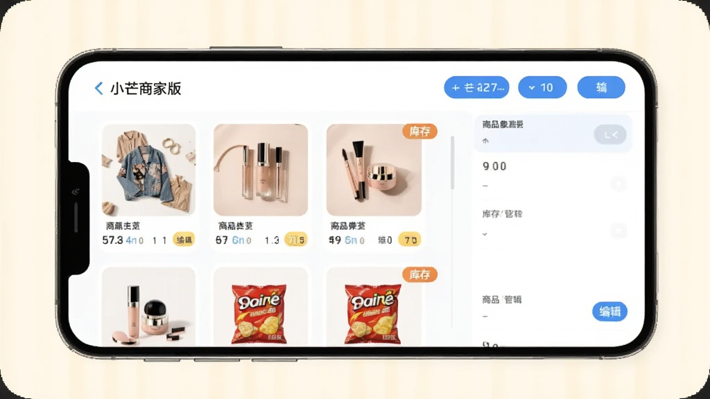 小芒商家版商品管理界面,手机屏幕展示商品列表和编辑页面,画面中有服装、美妆、零食等商品缩略图排列,旁边有编辑按钮和库存数字标签,小芒商家版文字标识,清新浅色背景,圆角卡片设计,干净整洁,高清画质