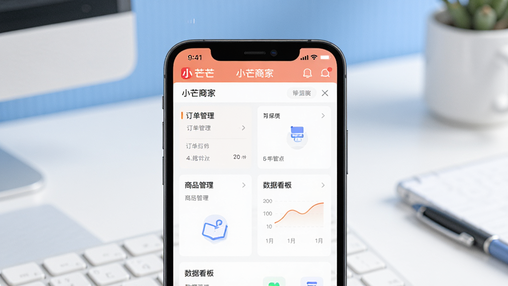 小芒商家版手机应用主界面展示,画面中央是一部智能手机,屏幕显示小芒商家版店铺管理后台首页,包含订单管理、商品管理、数据看板等功能模块图标,背景为简洁的蓝白色调办公室桌面,柔和光线,扁平化UI风格,干净无多余元素,高清画质