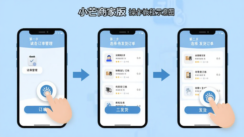 小芒商家版操作教程示意图,画面展示手机屏幕分步骤操作流程,第一步点击订单管理,第二步选择待发货订单,第三步点击发货按钮,界面中有手指点击图标和箭头引导,浅蓝色背景,扁平化插画风格,干净清晰,高清画质