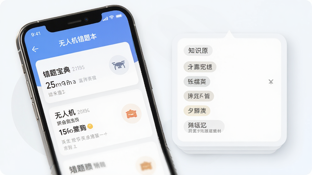 驾考宝典无人机错题本功能界面,手机屏幕显示错题列表和知识点标签,界面采用卡片式布局,配色清爽,背景有轻微阴影层次,扁平化UI风格,画质清晰,干净,无多余元素