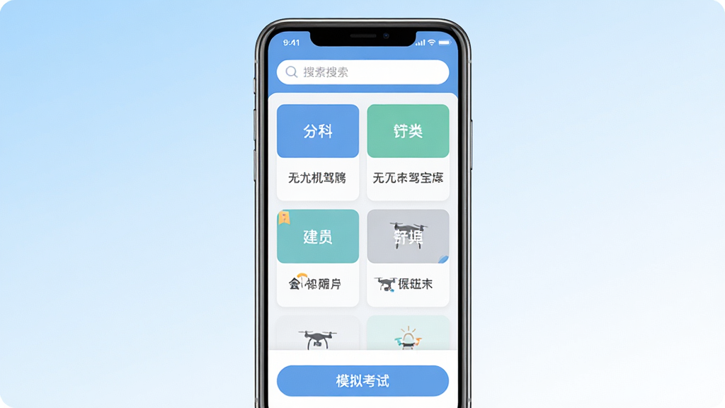 驾考宝典无人机手机应用界面展示,画面中央是一部竖直摆放的智能手机,屏幕内显示无人机驾照理论考试题库首页,顶部有搜索栏,中间是分类练习卡片,底部是模拟考试按钮,背景是浅蓝与白色渐变风格,简洁扁平化UI设计,画质清晰,干净,无多余元素