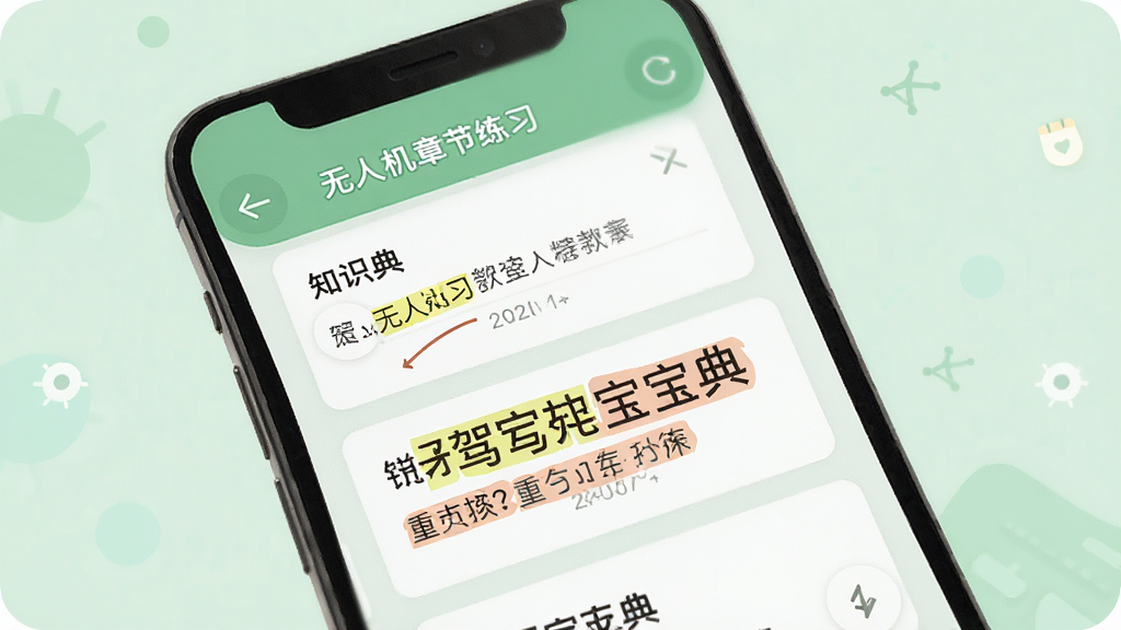 驾考宝典无人机章节练习界面,手机屏幕显示知识点卡片和重点标注文字,背景是淡绿色学习氛围,界面简洁,扁平化设计,画质清晰,干净,无多余元素