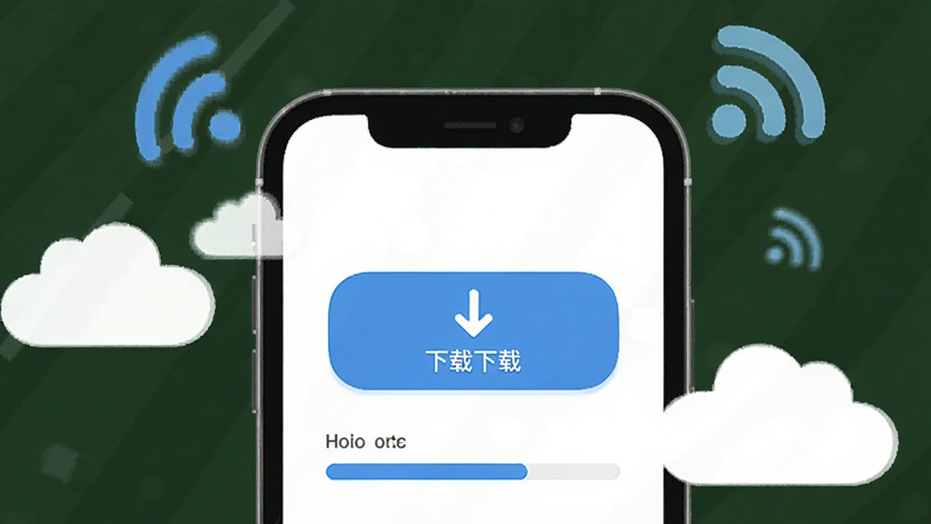 驾考宝典无人机离线刷题功能展示,手机屏幕显示下载按钮和进度条,周围有云朵和信号图标装饰,整体风格轻快,扁平化UI,画质清晰,干净,无多余元素