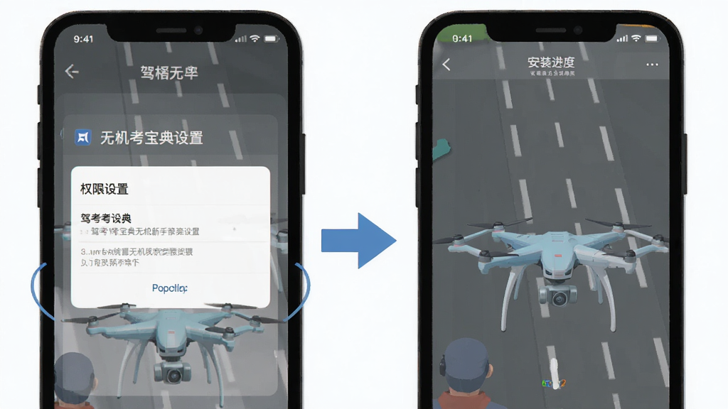 驾考宝典无人机新手安装步骤示意图,手机屏幕显示权限设置界面和安装进度,旁边有箭头指引,背景简洁,扁平化风格,画质清晰,干净,无多余元素
