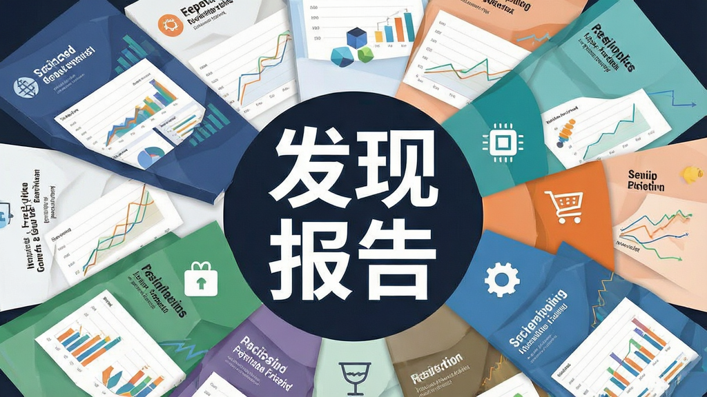 一个由多份报告封面拼接而成的信息聚合示意图,中心位置放置“发现报告”四个大字,周围环绕着金融、科技、消费、医药等不同行业的图标与折线图元素,布局呈放射状,风格现代扁平化,细节包括每份报告封面的标题文字与图表缩略图,画质清晰,干净整洁,无多余元素