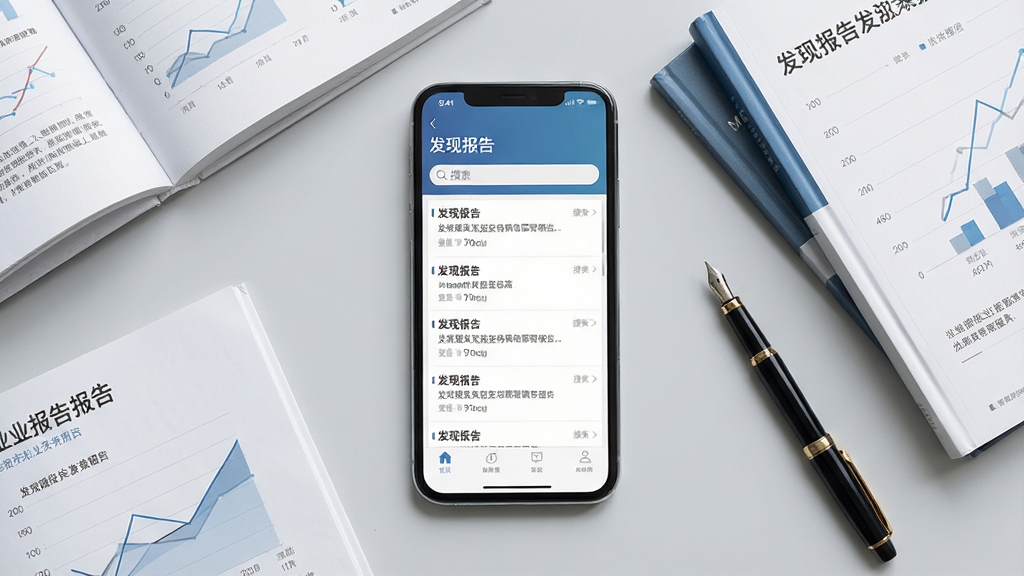 一张展示“发现报告”手机应用界面的场景图,画面中央是一部竖屏智能手机,屏幕显示报告列表与搜索框,手机周围摆放着几本翻开的行业研究报告和一支钢笔,背景是简洁的浅灰色办公桌面,整体风格商务简约,细节包括报告封面上的图表线条、手机界面中清晰的中文标题“发现报告”,画质清晰,干净整洁,无多余元素