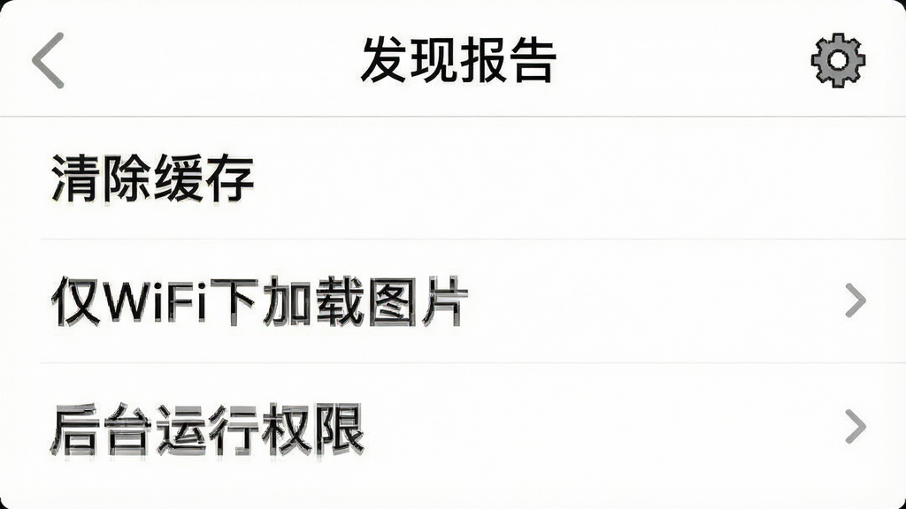 一张手机屏幕截图风格的示意图,展示“发现报告”应用内的设置菜单,菜单项包括“清除缓存”“仅WiFi下加载图片”“后台运行权限”等,界面风格简洁,背景为白色,文字清晰,旁边有一个小齿轮图标,画质清晰,干净整洁,无多余元素
