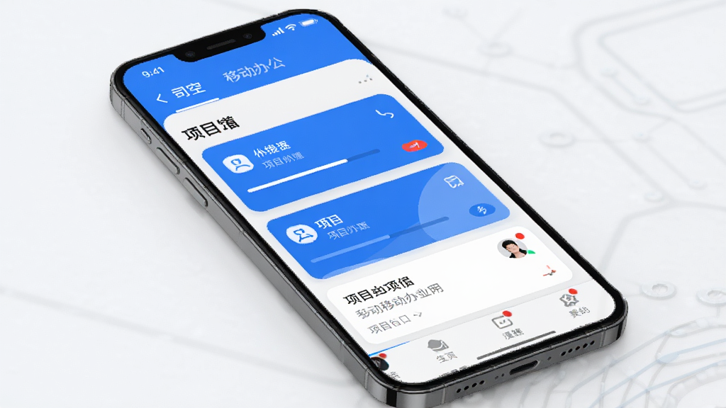 主体为一部智能手机,屏幕上显示“司空”移动办公应用主界面,布局为顶部导航栏、中部项目卡片列表、底部功能菜单;排版采用居中展示,手机略微倾斜;风格为现代科技感,蓝白配色;细节包括图标、进度条、头像、消息红点等元素;画质高清,干净,无多余元素