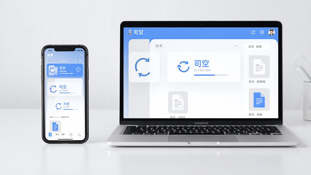 主体为手机与笔记本电脑并排摆放,两块屏幕同时显示“司空”应用的数据同步界面;布局为左右对比展示;排版简洁;风格为商务办公风,浅灰与蓝色调;细节包括同步图标、进度指示、文档缩略图;画质高清,干净,无多余元素