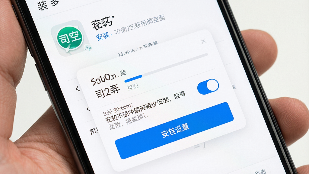 主体为手机屏幕显示“司空”应用安装界面与权限设置弹窗;布局为竖屏特写;排版清晰;风格为简洁教程风,白色背景配蓝色按钮;细节包括安装进度条、权限开关、提示文字;画质高清,干净,无多余元素