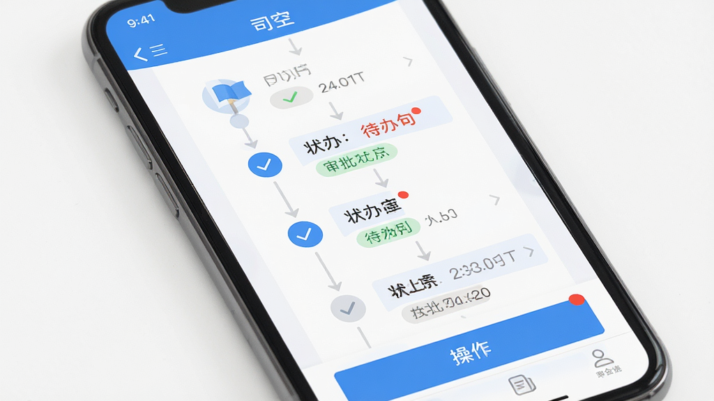 主体为手机屏幕特写,显示“司空”应用中的审批流程界面,包含审批节点、状态标签和操作按钮;布局为纵向流程展示;排版清晰;风格为扁平化商务风,白色背景配蓝色高亮;细节包括对勾图标、待办红点、时间戳;画质高清,干净,无多余元素