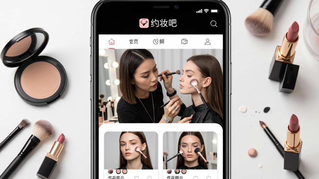 手机屏幕中央展示约妆吧App的界面,主体是一位化妆师正在为模特化妆的场景,布局为上下结构,上方是App名称约妆吧的Logo和导航栏,下方是化妆师作品展示卡片列表,排版简洁清晰,风格为现代时尚美妆风格,细节包括化妆刷、粉饼、口红等化妆品元素点缀,画质高清,干净,无多余元素