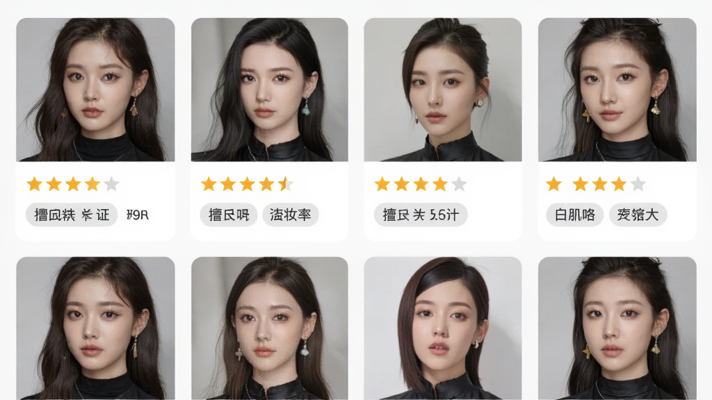 约妆吧App化妆师列表页面,主体是多个化妆师头像卡片整齐排列,布局为网格状,排版紧凑有序,风格为清新简约的移动端UI设计,细节包括每位化妆师头像下方的评分星级和擅长风格标签,画质高清,干净,无多余元素