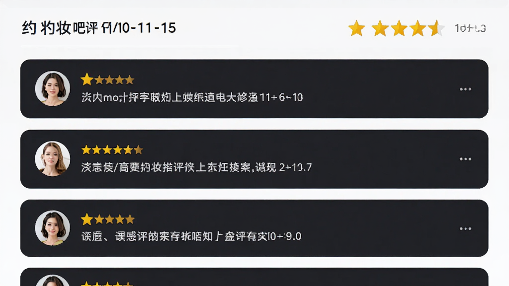 约妆吧App评价页面,主体是用户评价列表与星级评分展示,布局为上下结构,上方为综合评分汇总,下方为逐条评价卡片,排版整齐,风格为简洁商务风,细节包括五角星图标、用户头像、评价文字,画质高清,干净,无多余元素