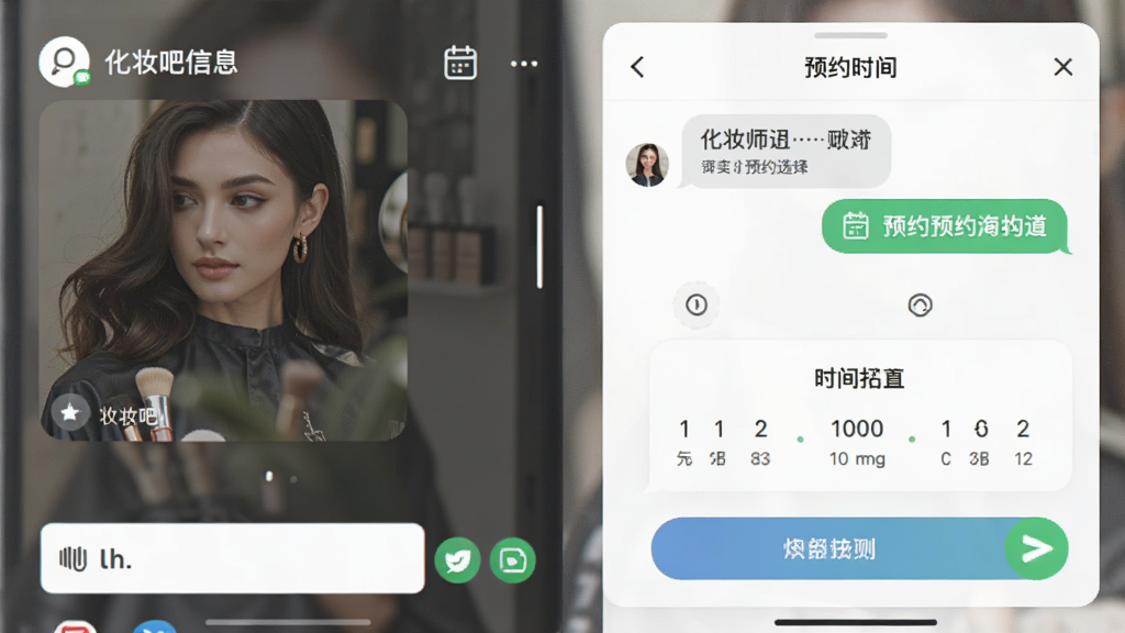 约妆吧App预约沟通界面,主体是聊天对话框与预约时间选择面板,布局为左右分栏,左侧显示化妆师信息,右侧为对话内容与时间选择按钮,排版清晰,风格为现代社交软件界面,细节包括日历图标、发送按钮等元素,画质高清,干净,无多余元素