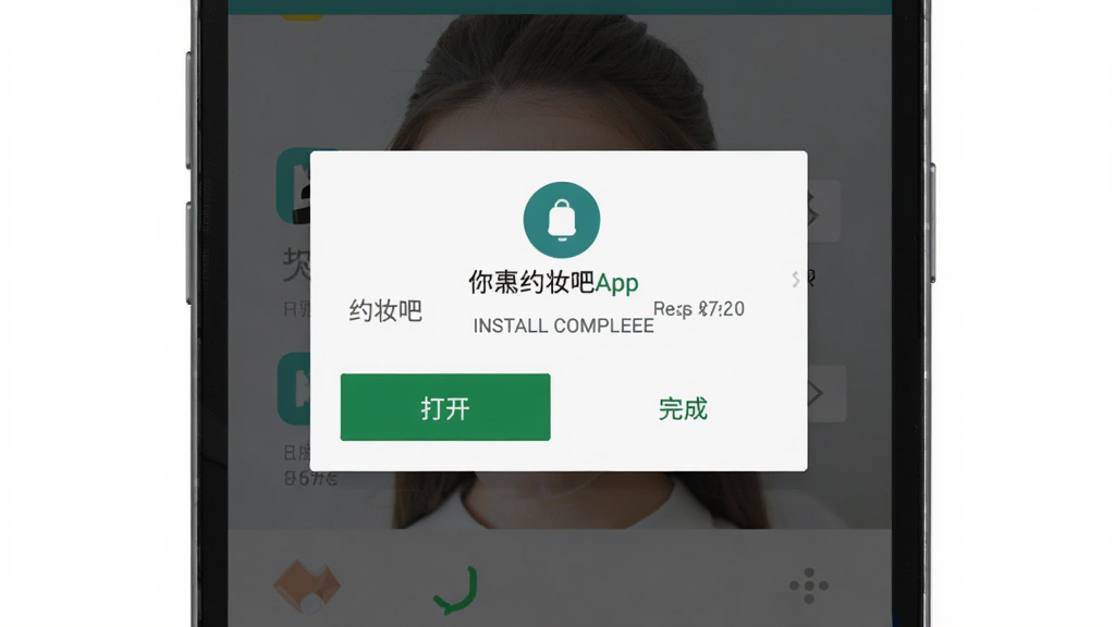 约妆吧App在手机上的安装完成界面,主体是手机屏幕显示安装完成弹窗,布局为居中弹窗,排版简洁,风格为安卓系统原生安装界面,细节包括“打开”和“完成”按钮,画质高清,干净,无多余元素