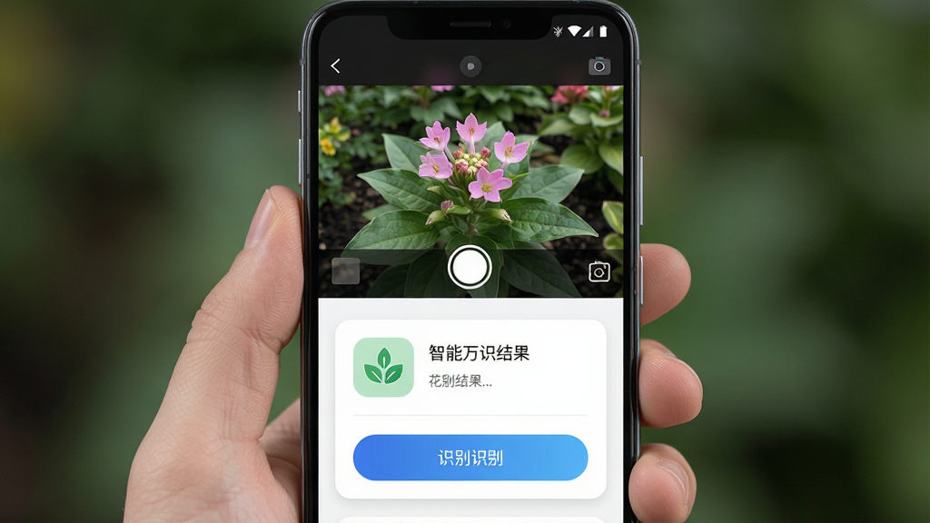 一张手机屏幕正面视图,屏幕中央显示智能万识大师APP的拍照识别界面,画面主体是一部手持安卓手机,手机屏幕内展示花草识别结果页面,布局为上方摄像头取景框、下方识别结果卡片,整体排版居中对称,风格为现代科技感扁平化设计,细节包括蓝色渐变按钮、白色卡片圆角、绿色植物图标,画质高清干净无多余元素