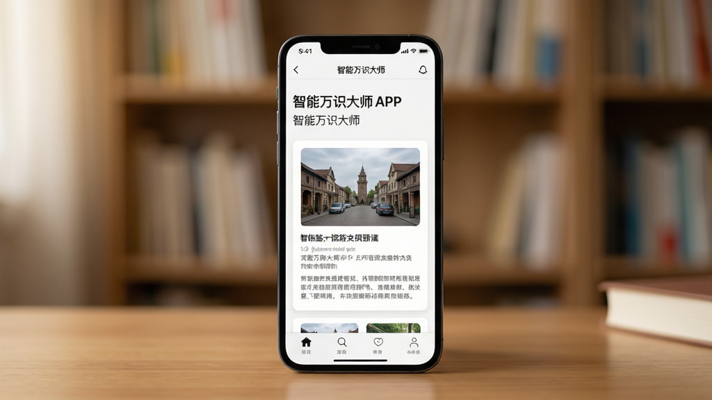 一部手机放置在书桌上,屏幕显示智能万识大师APP的百科详情页面,画面主体为手机与屏幕内容,布局为手机居中、背景为书架虚化,排版突出屏幕中的图文百科卡片,风格为温馨学习场景,细节包括屏幕内的标题文字、图片缩略图、段落说明,画质高清干净无多余元素