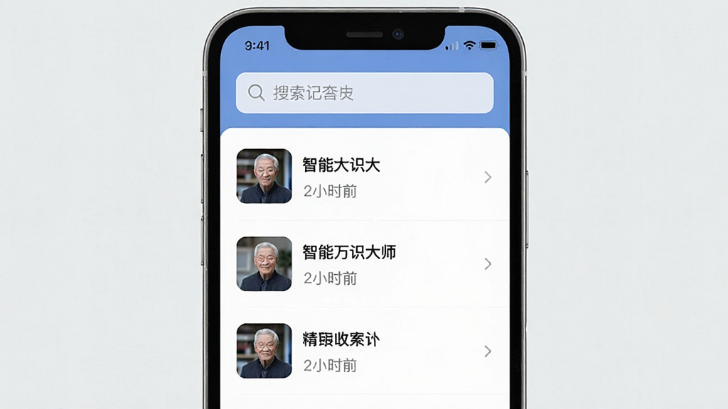 一张手机屏幕截图风格图,屏幕中展示智能万识大师APP的历史记录页面,画面主体为手机屏幕与列表内容,布局为纵向列表排列、顶部有搜索栏,排版整齐规范,风格为极简列表UI设计,细节包括每条记录带有缩略图、名称、时间戳,画质高清干净无多余元素
