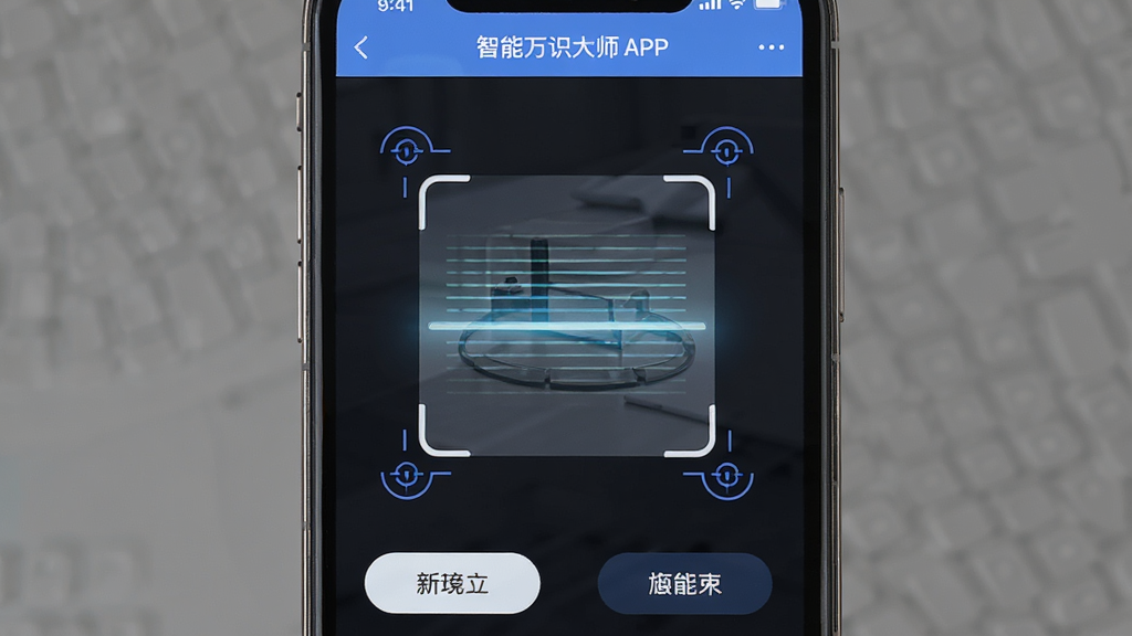 一张手机屏幕特写图,屏幕中展示智能万识大师APP的扫一扫功能界面,画面主体为手机屏幕与扫描框,布局为扫描框居中、四角带有定位标记,排版简洁明了,风格为科技感UI设计,细节包括屏幕中的扫描线动画、底部功能按钮、顶部标题栏,画质高清干净无多余元素