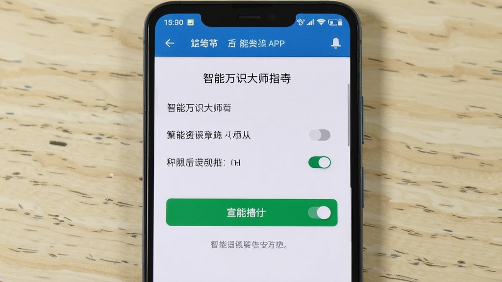 一部安卓手机放置在桌面上,屏幕显示智能万识大师APP的相机权限设置引导页面,画面主体为手机与屏幕内容,布局为手机居中、背景为浅色桌面,排版突出屏幕中的权限开关与说明文字,风格为简洁设置界面展示,细节包括屏幕内的权限列表、开关按钮、提示文字,画质高清干净无多余元素