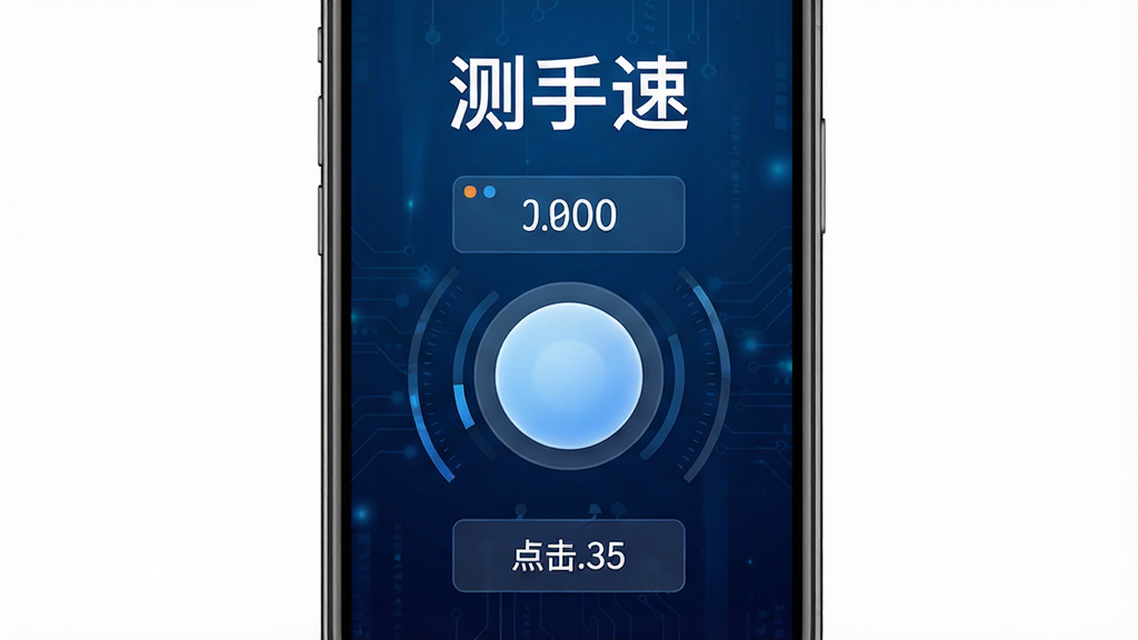 手机屏幕中央显示一个醒目的圆形点击按钮,周围环绕着计时器与点击次数统计面板,背景为深蓝色渐变科技风格,画面简洁干净,主体突出,布局居中对称,风格现代简约,细节清晰,画质高清,屏幕上方显示