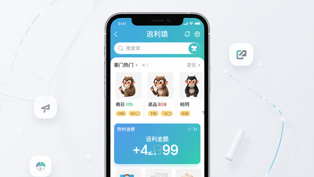 返利猿软件主界面截图,画面中央展示手机屏幕,屏幕内为返利猿APP首页,布局包含搜索框、热门商品推荐卡片、返利金额数字显示,主体突出手机与界面,排版为居中展示,风格为现代简约科技风,细节包含清晰的图标与数字标签,画质高清,干净,无多余元素