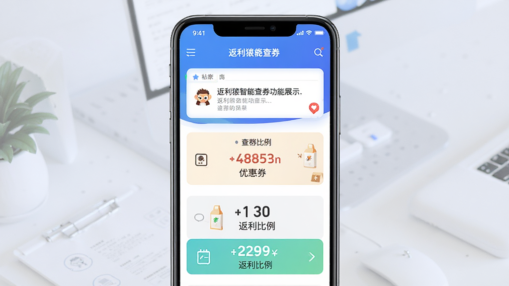 返利猿智能查券功能展示图,画面中央为手机屏幕特写,屏幕中显示商品链接粘贴框与查券结果页面,包含优惠券金额和返利比例数字,主体为手机与界面,布局为居中构图,风格为清新科技感,细节为清晰的文字标签与图标,画质高清,干净,无多余元素