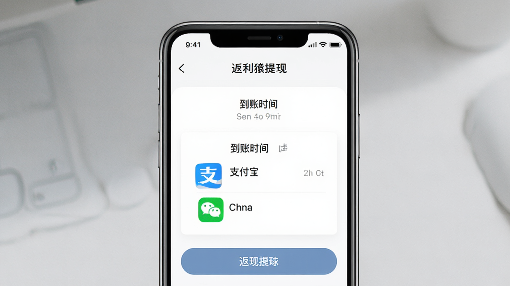返利猿提现页面截图,画面中央为手机屏幕,屏幕内展示提现方式选择与到账时间说明,包含支付宝与微信图标,主体为手机界面,布局为居中展示,风格为清爽简约风,细节为清晰的按钮与文字提示,画质高清,干净,无多余元素