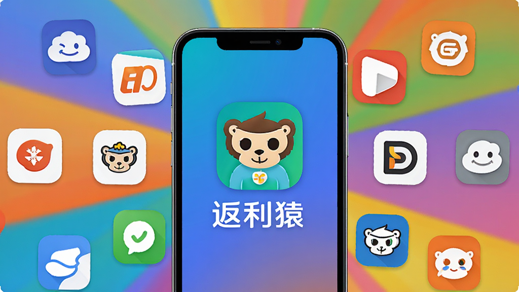 返利猿多平台覆盖展示图,画面中央为手机屏幕,屏幕内呈现多个电商平台图标环绕返利猿标志,主体为手机与平台图标,布局为放射状排版,风格为活力多彩风,细节为清晰的品牌图标与返利猿名称文字,画质高清,干净,无多余元素