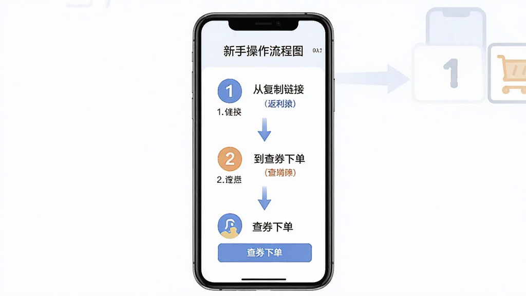 返利猿新手操作流程图,画面中央为手机屏幕,屏幕内展示从复制链接到查券下单的步骤示意图,包含箭头引导与步骤编号,主体为手机与流程图,布局为纵向排版,风格为扁平化教程风,细节为清晰的图标与文字标注,画质高清,干净,无多余元素