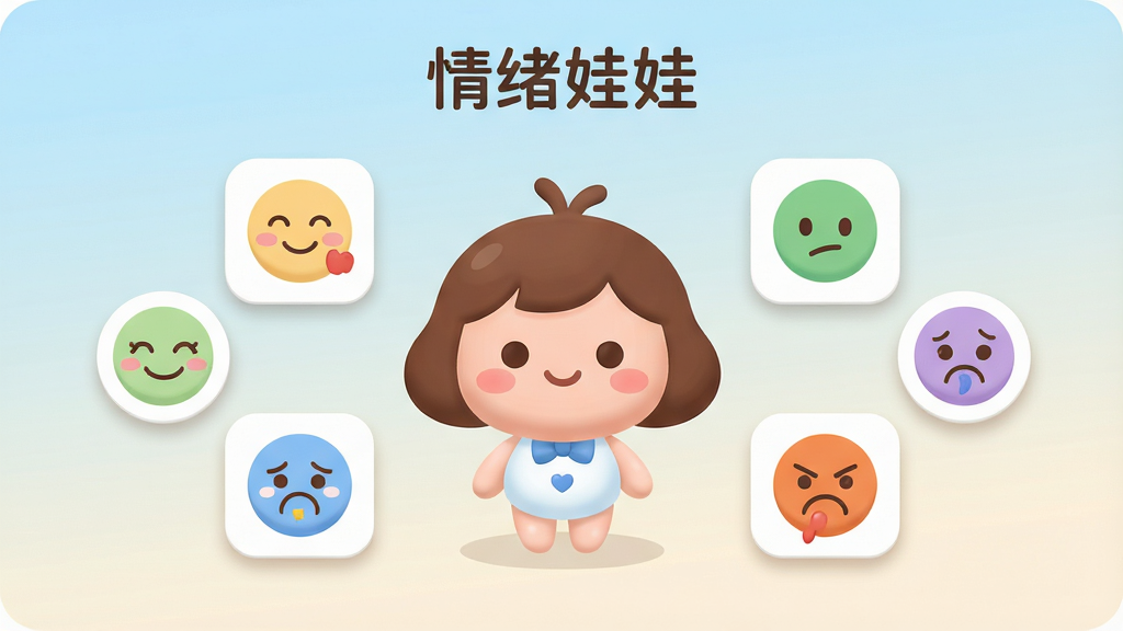 情绪娃娃软件主界面全貌展示,画面中央是一个圆润可爱的卡通娃娃形象,周围环绕着开心、平静、难过、生气等多种情绪图标,背景为柔和的浅蓝与米白渐变,整体风格清新治愈,采用扁平化插画风格,细节包括圆角卡片、柔和阴影、简洁图标,画质高清,画面干净,无多余元素,顶部有“情绪娃娃”文字标题,排版居中对称,适合作为软件宣传预览图
