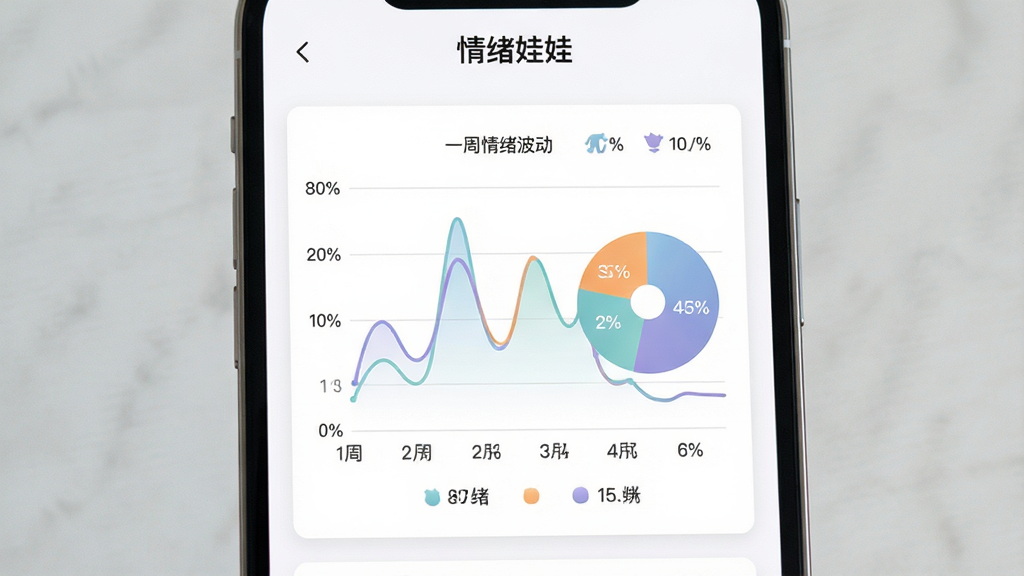 情绪娃娃情绪趋势分析页面,画面展示手机屏幕中折线图和饼图组合,折线图显示一周情绪波动,饼图展示情绪占比,配色为柔和的蓝绿橙紫,背景为白色卡片式布局,风格简约商务,细节包括坐标轴标签、百分比数字、图例小图标,画质清晰,画面干净,无多余元素,屏幕顶部有“情绪娃娃”标题,排版整齐