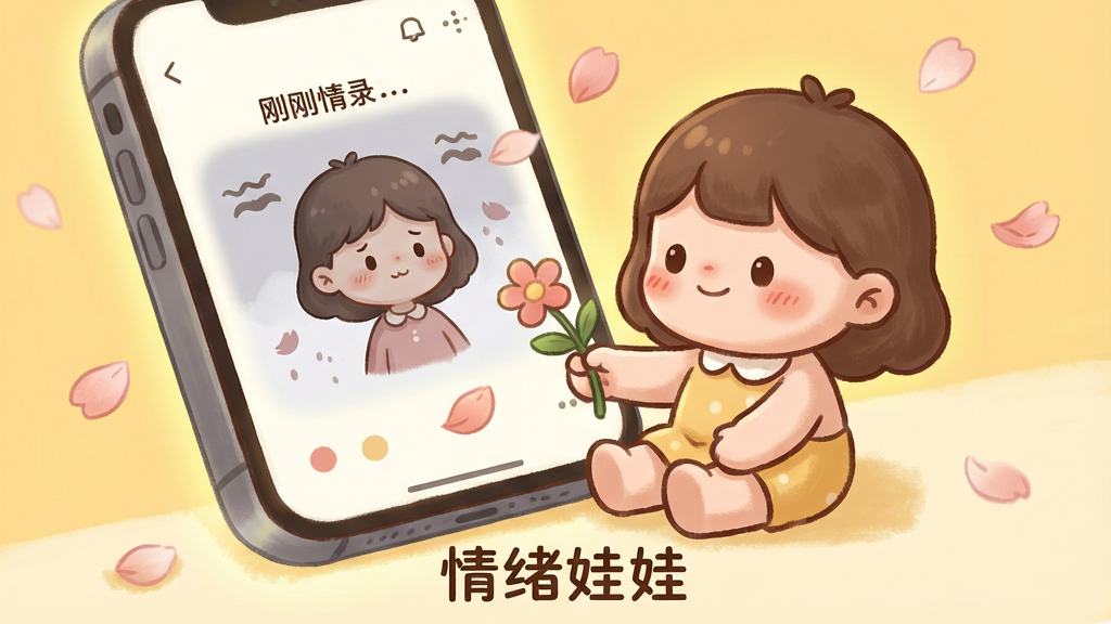 情绪娃娃陪伴互动场景,画面中一个可爱的卡通娃娃坐在手机屏幕边缘,屏幕内显示用户刚刚记录的低落情绪,娃娃手中拿着一朵小花递向屏幕外,背景为柔和暖黄色调,风格治愈系插画,细节包括娃娃的表情温柔、花瓣飘落、屏幕光晕,画质高清,画面干净,无多余元素,画面下方有“情绪娃娃”文字,排版居中