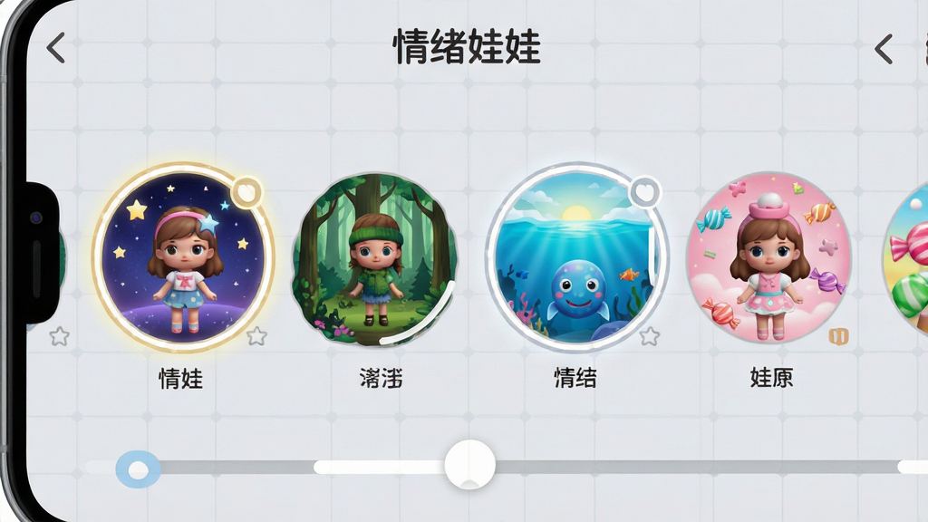 情绪娃娃主题皮肤选择界面,画面展示手机屏幕中多个圆形主题预览图,包括星空、森林、海洋、糖果等风格,每个预览图内都有不同装扮的娃娃形象,背景为浅灰色网格,风格清新浅色,细节包括选中状态的描边高亮、主题名称小字、滑动条,画质高清,画面干净,无多余元素,顶部有“情绪娃娃”文字,排版为横向滑动列表
