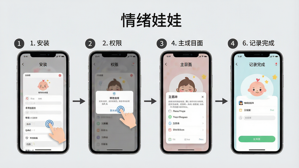 情绪娃娃操作步骤示意图,画面展示手机屏幕中从安装到记录情绪的四个步骤截图,分别为安装界面、权限弹窗、主界面、记录完成页,每个步骤用箭头连接,背景为浅灰色,风格简约商务,细节包括步骤编号、手指点击图标、界面缩略图,画质清晰,画面干净,无多余元素,顶部有“情绪娃娃”文字,排版为横向流程图
