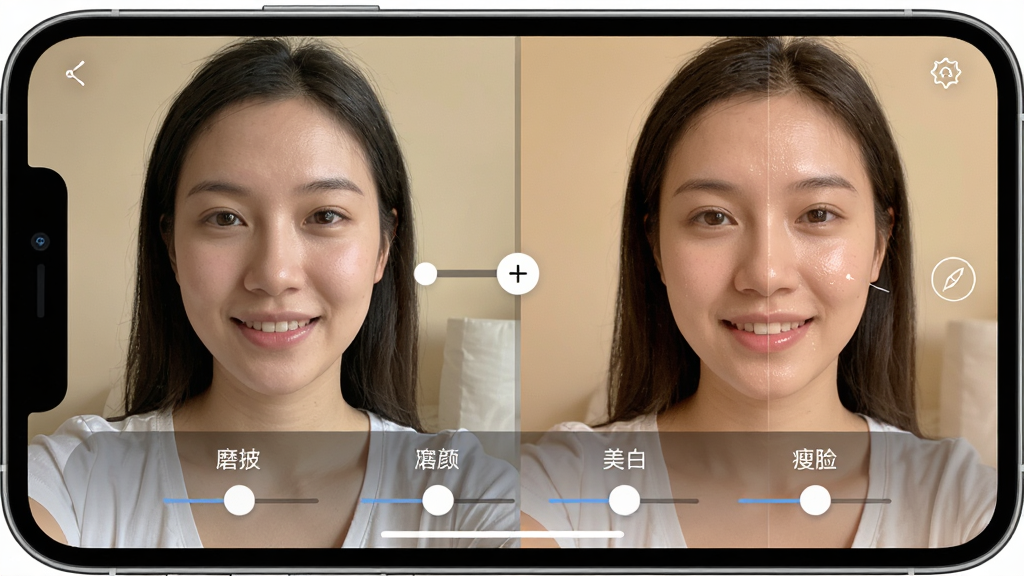 i秀智能美颜功能演示图,画面展示一部手机正在处理一张人物自拍照,屏幕左侧显示原始照片,右侧显示经过美颜处理后的效果,中间有对比滑块,屏幕下方排列着磨皮、美白、瘦脸等调节滑块,界面设计简洁直观,背景为柔和的暖色调,风格专业且易用,细节上突出人像皮肤质感的提升,画质清晰,画面干净无杂乱元素
