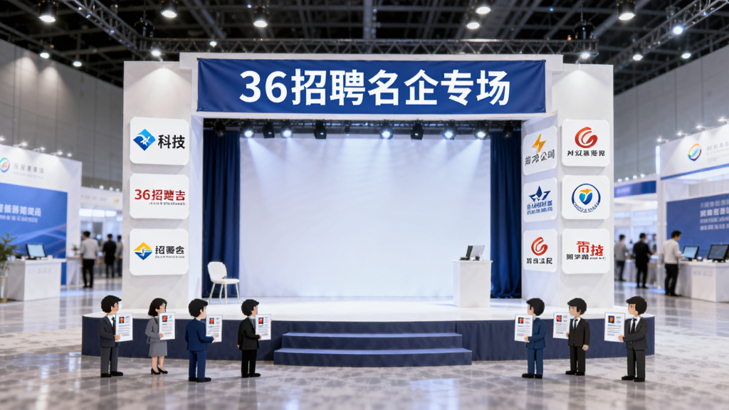 画面中央是一个舞台造型的展台,展台上方有“36招聘名企专场”字样横幅,展台周围环绕着多个知名企业logo图标如科技公司、金融机构等,下方有许多小人图标手持简历。背景为明亮的展会大厅,风格现代商务,画质高清,干净无多余元素