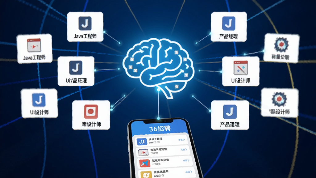 画面中央是一个发光的数字大脑图标,周围环绕着各种职位卡片图标如“Java工程师”、“产品经理”、“UI设计师”等,大脑下方连接着一部手机,手机屏幕显示36招聘的推荐列表。背景为深蓝色科技感渐变,光线从中心向外发散,风格现代科技,画质高清,干净无多余元素