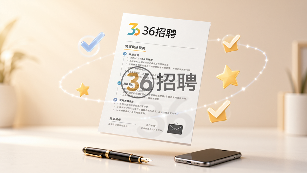 画面展示一份精美的简历文档悬浮在空中,简历上有“36招聘”水印logo,周围有发光的对勾和星标图标围绕,下方有一支钢笔和一部手机。背景为暖白色调,风格专业商务,画质高清,干净无多余元素