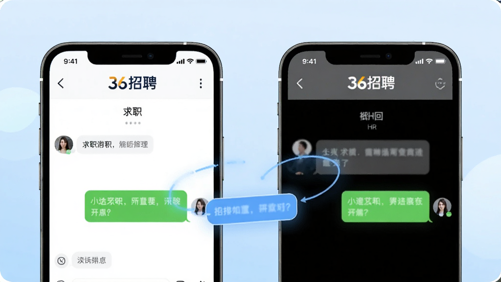 展示两部手机并排,左边手机屏幕显示求职者发送消息界面,右边手机屏幕显示HR回复界面,中间有聊天气泡连接。屏幕上方有36招聘logo。背景为柔和的渐变浅蓝色,风格简洁明快,画质高清,干净无多余元素